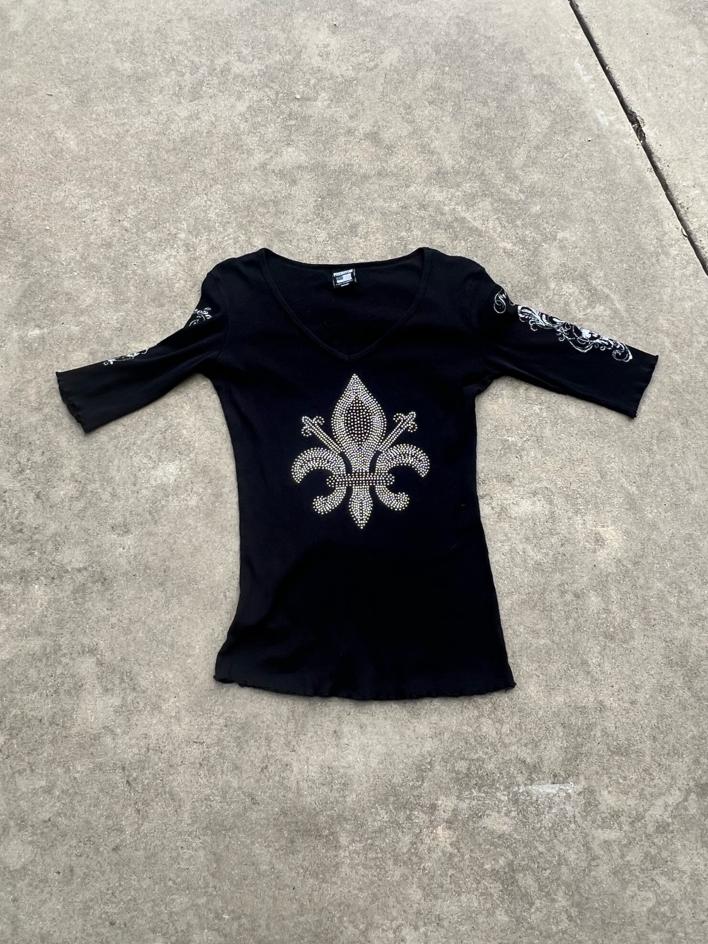 Freedom Black Ribbed V-Neck Tee with Stud Detail